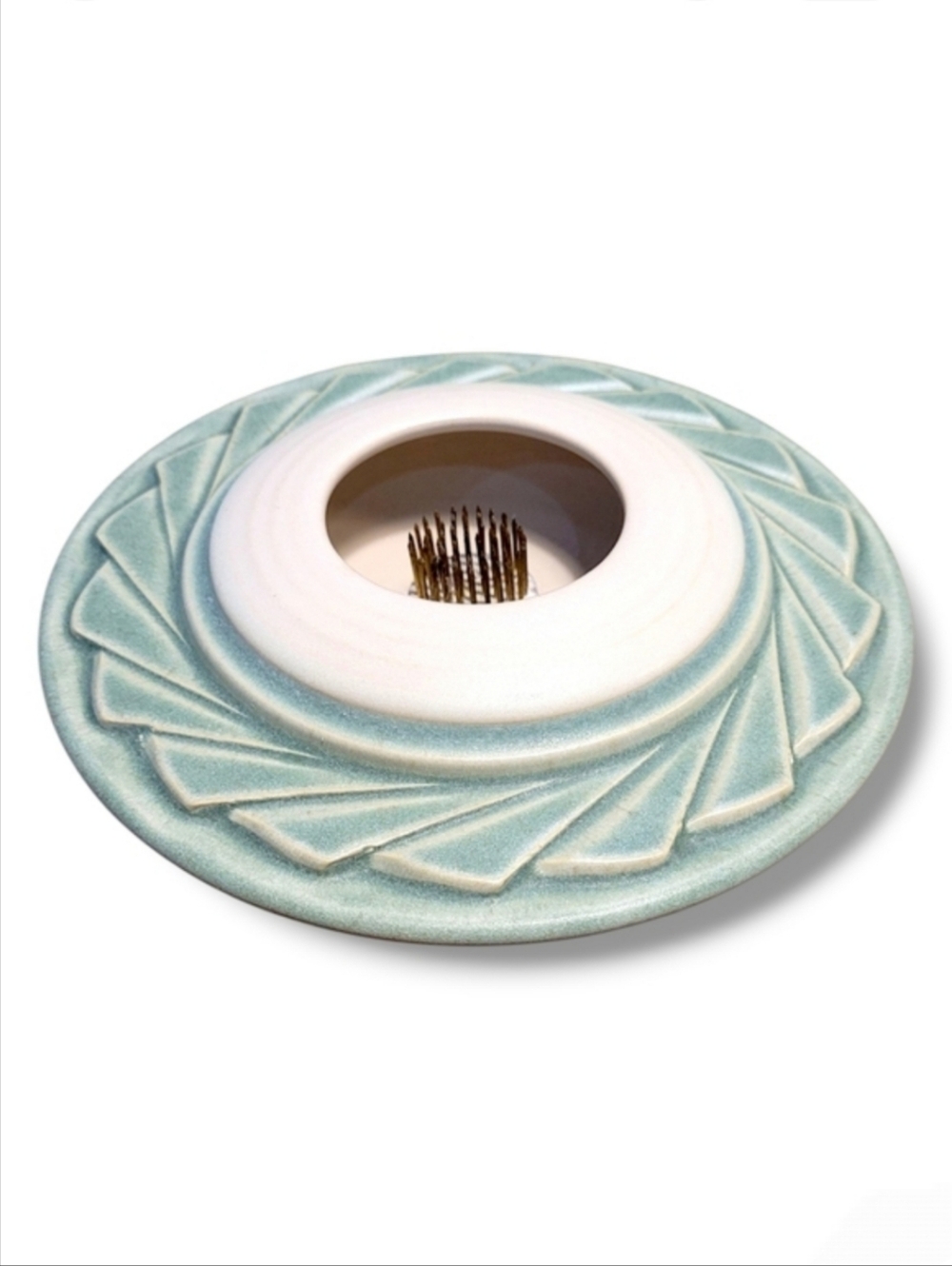 Peter Jansons PEI Signed Pottery Planter with Metal Flower Frog